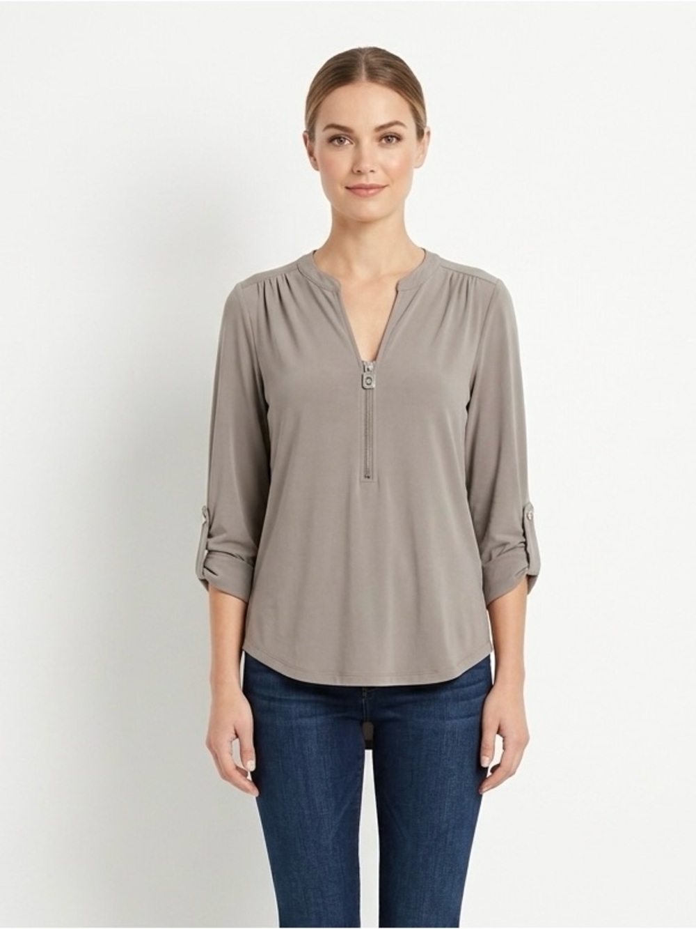 MICHAEL Michael Kors Taupe Zip-Front Roll-Sleeve Blouse